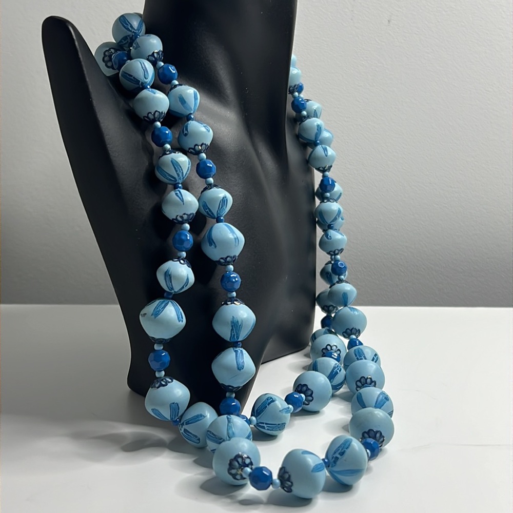 Vintage Blue Hong Kong Signed Painted Beaded Necklace